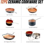 12 Pc Ceramic Cookware Set Nonstick, Ceramic Pots and Pans Set Non Stick with Steamer for Cooking, Non Toxic Free, Ergonomic Stay Cool Handles, Oven & Dishwasher Safe, Copper