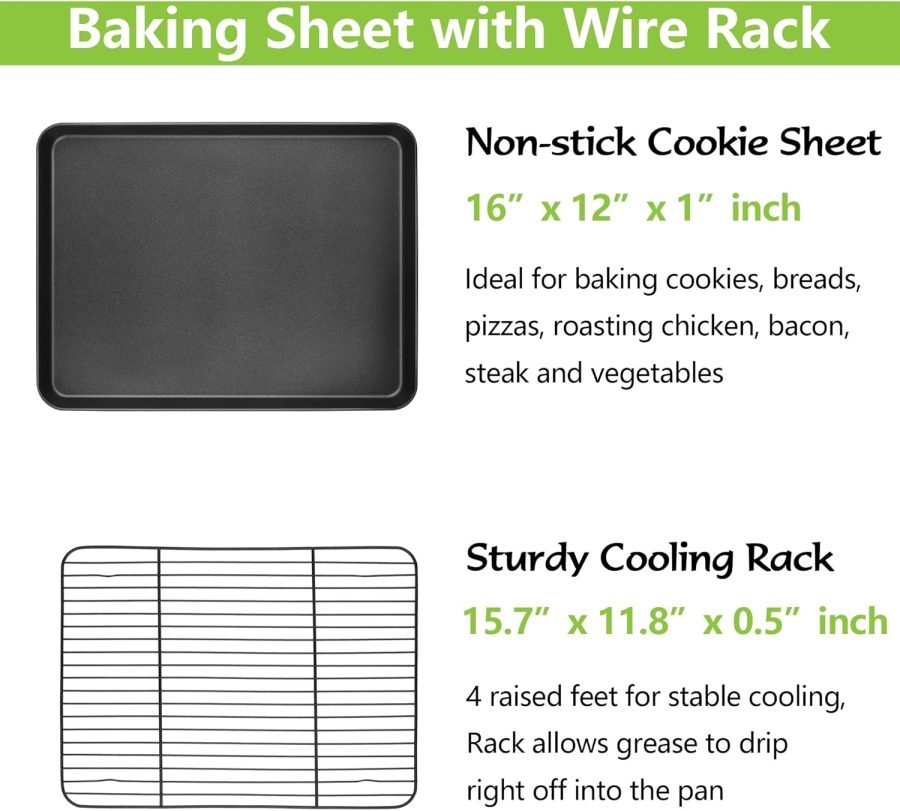 Nonstick Baking Sheet with Rack Set, 16 x 12 x 1 Inch Cookie Sheet Baking Pan with Cooling Rack for Oven, Commercial Grade & Non-Toxic, Easy to Clean