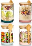Set of 4 Airtight Glass Jars with Bamboo Lids & Spoons, 17 oz Borosilicate Overnight Oats Containers with Lids, Clear Food Storage Canister for Cookie, Candy, Coffee, Sugar, Matcha Tea, Flour