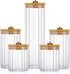 Glass Storage Jars Set of 5, Decorative Coffee Bar Container with Airtight Bamboo Lid Metal Ring for Home Kitchen Storing Candy, Cookie, Pasta, Nuts, Oatmeal and Bathroom Salt