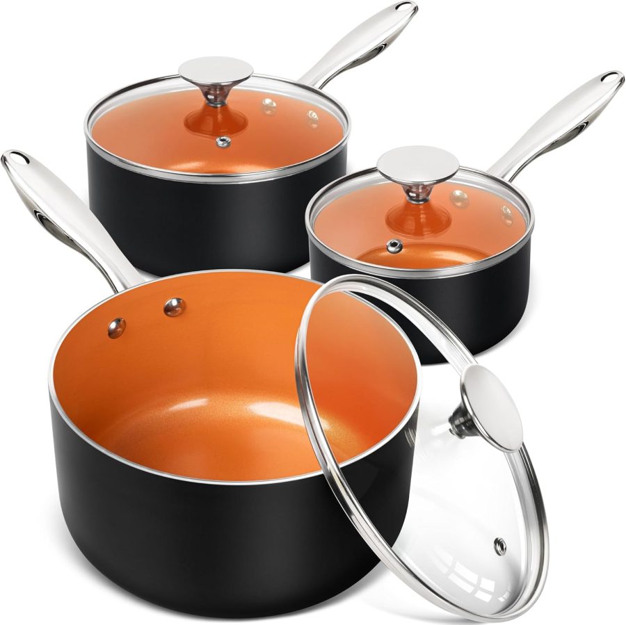 Sauce Pan Set, Ultra Nonstick Saucepan Set of 3, Ceramic Saucepans with Lids, 1 Qt & 2 Qt & 3 Qt Small Pot Set, Copper Sauce Pan with Lid