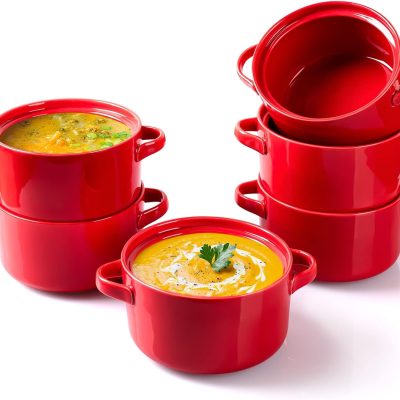 6 Pack Ceramic Soup Bowls with Handles, 24 Oz Large Serving Soup Bowl Set, Ceramic Soup Crocks for French Onion Soup, Cereal, Chilli, Stew, Microwave and Oven Safe, Red