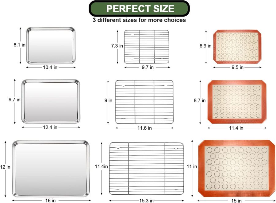 Baking Set: Stainless Steel Sheet Pan with Cooling Rack & Silicone Mat Set, Multi-Size (3 Sheets + 3 Racks + 3 Mats), Warp Resistant & Heavy Duty, Easy Clean