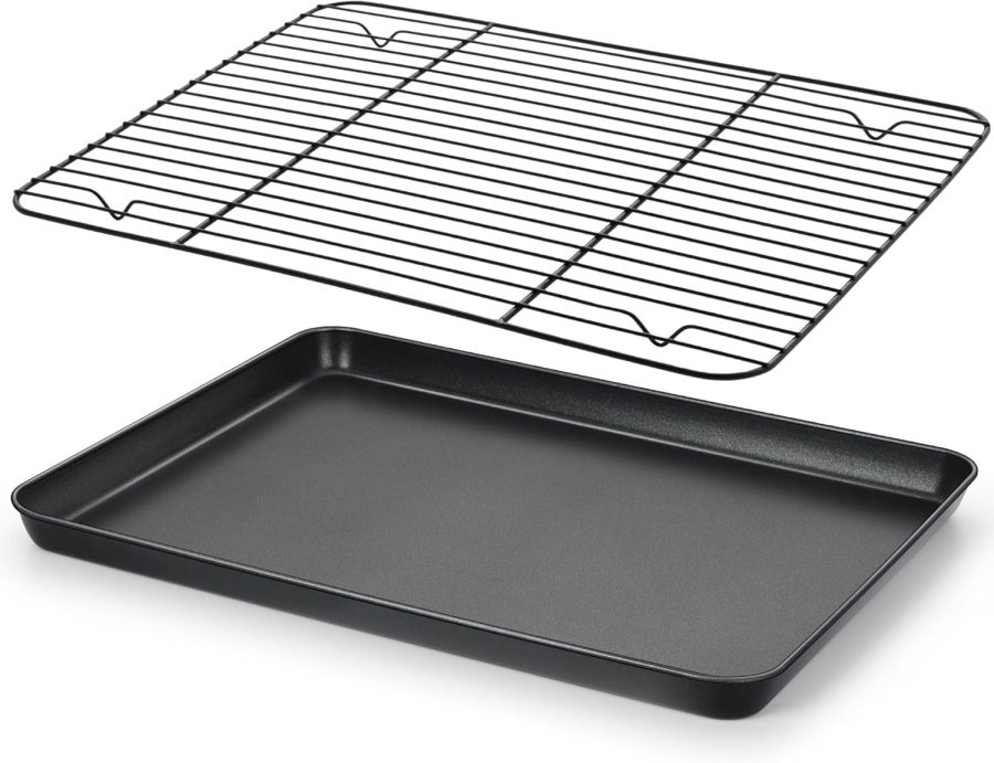 Nonstick Baking Sheet with Rack Set, 16 x 12 x 1 Inch Cookie Sheet Baking Pan with Cooling Rack for Oven, Commercial Grade & Non-Toxic, Easy to Clean