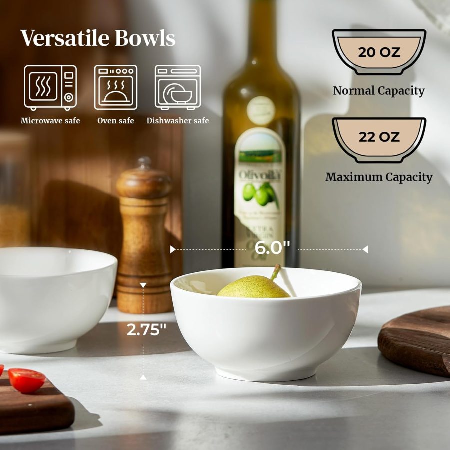 22 OZ White Ceramic Bowls Set of 4 - Perfect for Soup Bowls for Kitchen, Cereal Bowl, Ramen Bowl, Microwave Safe for Oatmeal, Fruit,Salad and Rice Bowl - Dishwasher & Microwave Safe