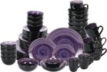 Black and purple speckled ceramic dinnerware set (56 pieces/8 servings), microwave and dishwasher safe, unique style