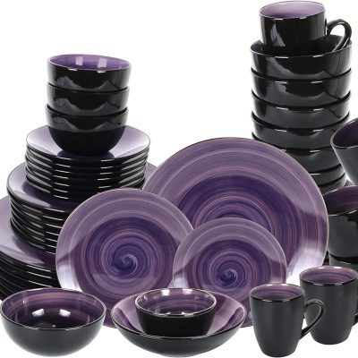 Black and purple speckled ceramic dinnerware set (56 pieces/8 servings), microwave and dishwasher safe, unique style