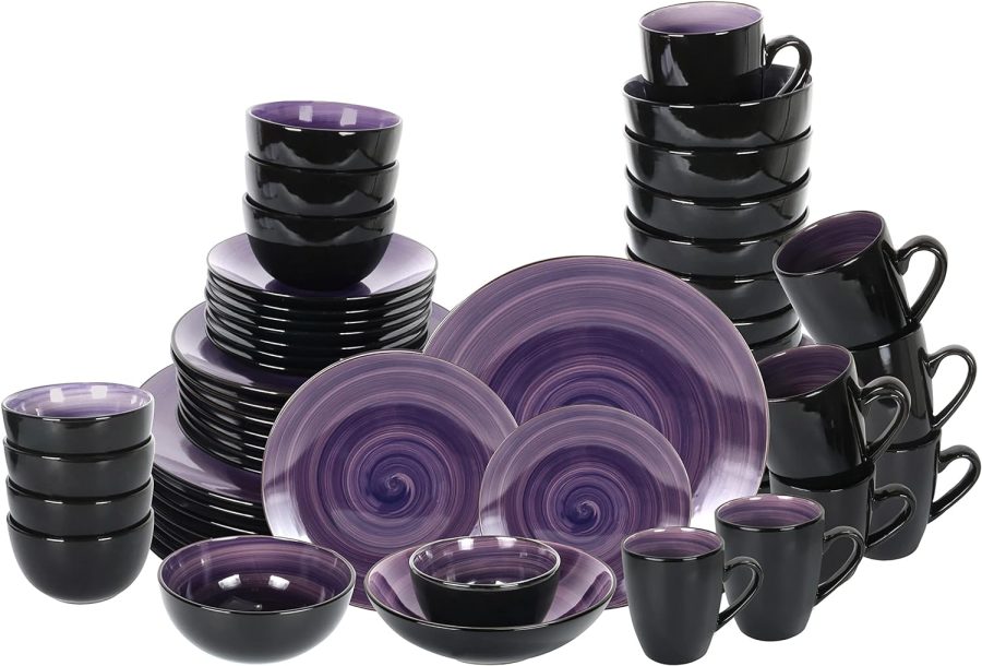 Black and purple speckled ceramic dinnerware set (56 pieces/8 servings), microwave and dishwasher safe, unique style
