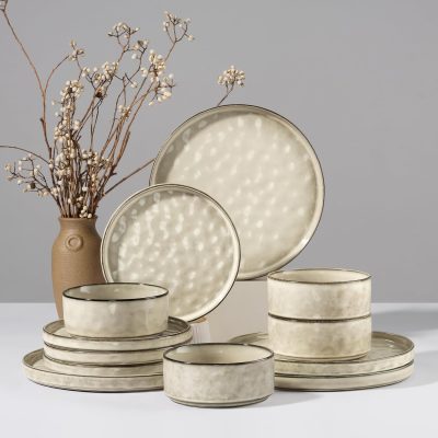 Scratch-resistant and wear-resistant ceramic dinnerware set (12 pieces/4 servings), Saturn Khaki color, suitable for restaurants and homes, microwave and dishwasher safe