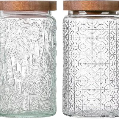Vintage Glass Jars with Wooden Lids, 2 Pack 34 oz Airtight Glass Food Storage Containers Sets for the Kitchen, Sugar Coffee Candy Spice Cookie Tea Pasta