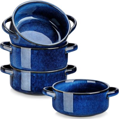 Starry Soup Bowls with Handles, 30 OzOven safe soup bowls for Cereal, Pasta, Chilli, Stew, Large Soup Crocks Set of 4, Blue