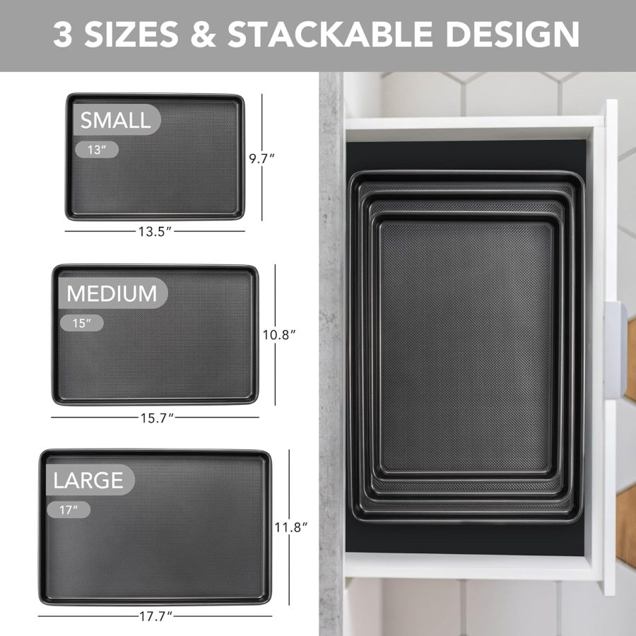 Baking Sheet Pan Set, Nonstick Cookie Sheet for Oven, Carbon Steel Half, Jerry Roll Pan with Diamond Texture Pattern, Heavy Duty Baking Tray, Set of 3