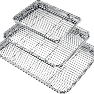 Baking Sheet with Rack Set (3 Pans + 3 Racks), Stainless Steel Baking Pan Cookie Sheet with Cooling Rack, Non Toxic & Heavy Duty & Easy Clean