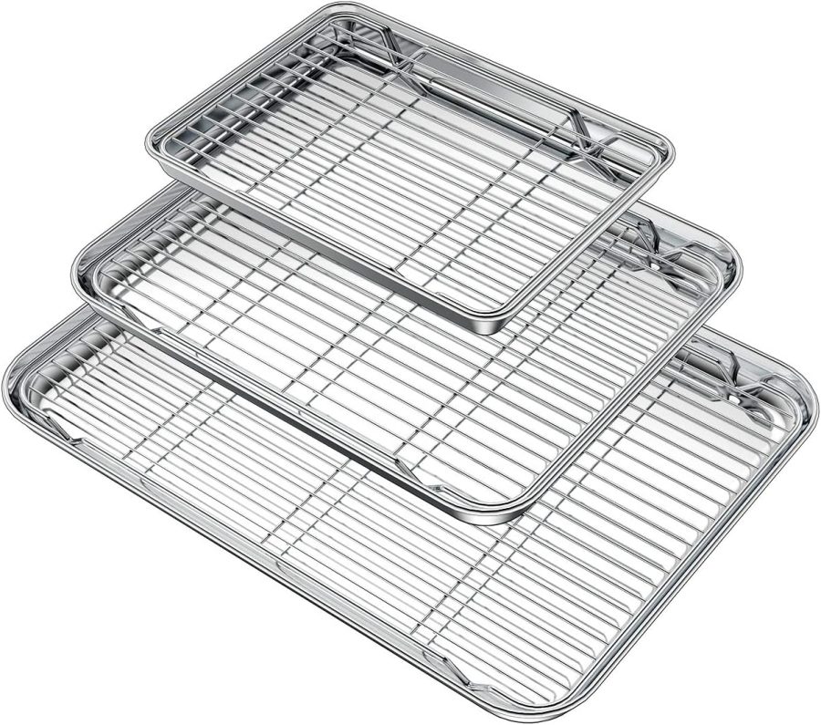 Baking Sheet with Rack Set (3 Pans + 3 Racks), Stainless Steel Baking Pan Cookie Sheet with Cooling Rack, Non Toxic & Heavy Duty & Easy Clean