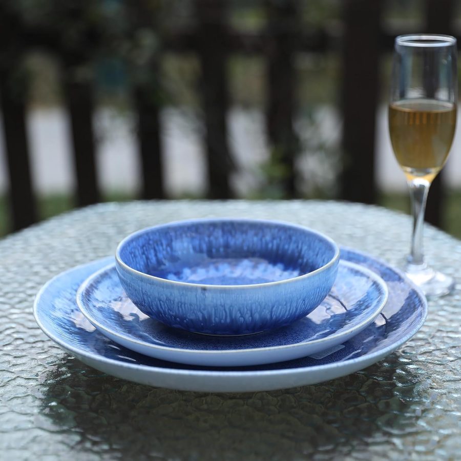 Modern reactive glaze ceramic dinnerware set (12 pieces/4 servings), sky blue design, includes high-quality plates and bowls
