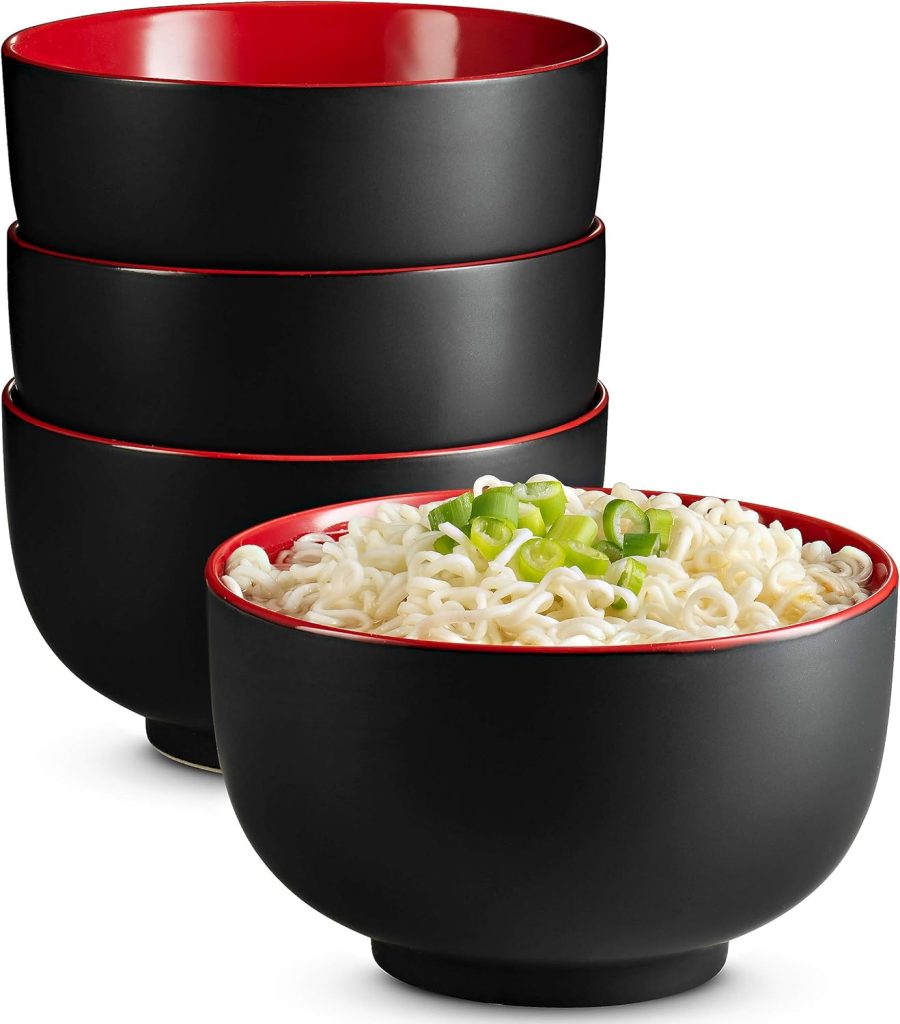 Ramen Bowl, Japanese Bowls, Noodle Bowls, Large Soup Bowl, Ceramic, Large Capacity, For Ramen, Pho, Udon, Soba, Microwave and Dishwasher Safe, 34 oz, Set of 4 (Black/Red)