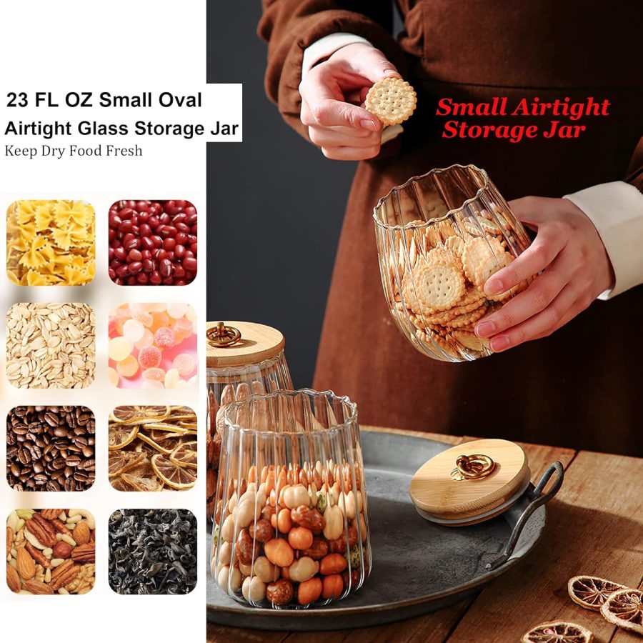 Glass Coffee Nuts Canister Airtight Storage Jar Petal Decorative Container with Bamboo Lid Metal Handle Easy to Grasp 700ml, 23 FL OZ