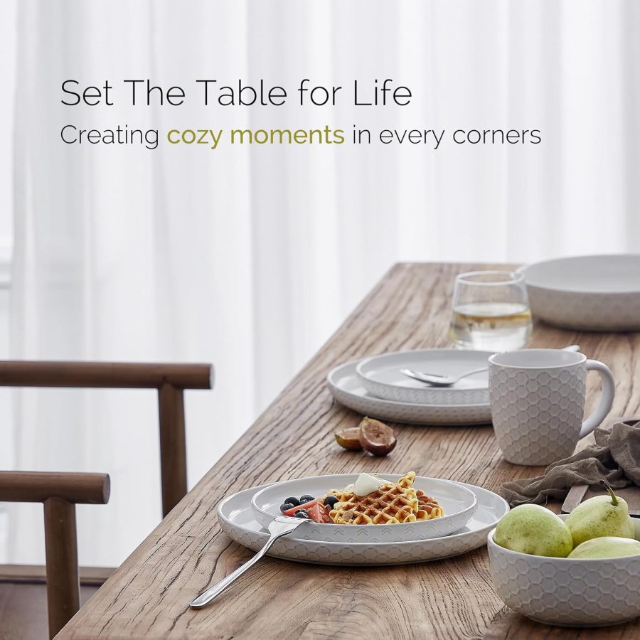 Embossed Ceramic Dinnerware Set (12 pieces/4 servings), Ivory White, Crack and Scratch Resistant